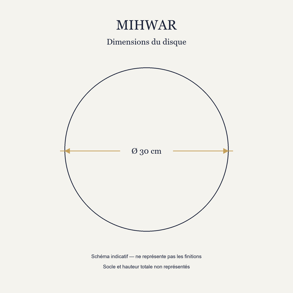 Schéma de dimensions de Mihwar : diamètre du disque 30 cm, hors socle