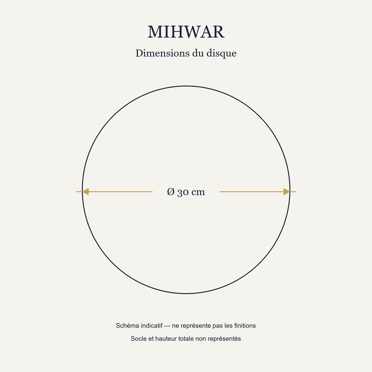 Schéma de dimensions de Mihwar : diamètre du disque 30 cm, hors socle